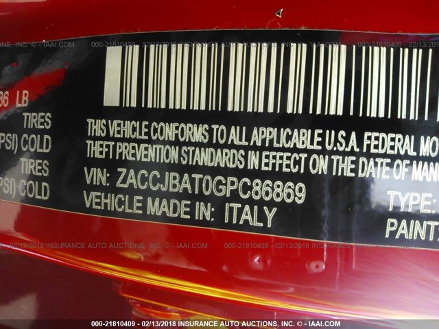 ZACCJBAT0GPC86869 - 2016 JEEP RENEGADE SPORT Կարմիր լուսանկար 9