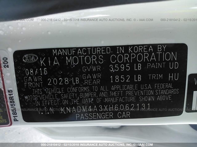 KNADM4A3XH6062131 - 2017 KIA RIO LX Սպիտակ լուսանկար 9
