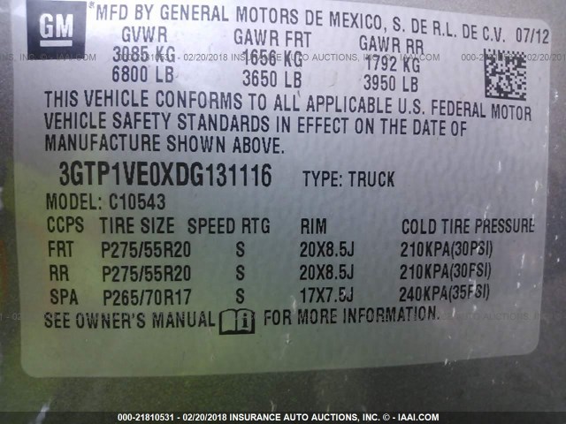 3GTP1VE0XDG131116 - 2013 GMC SIERRA C1500 SLE GRAY photo 9