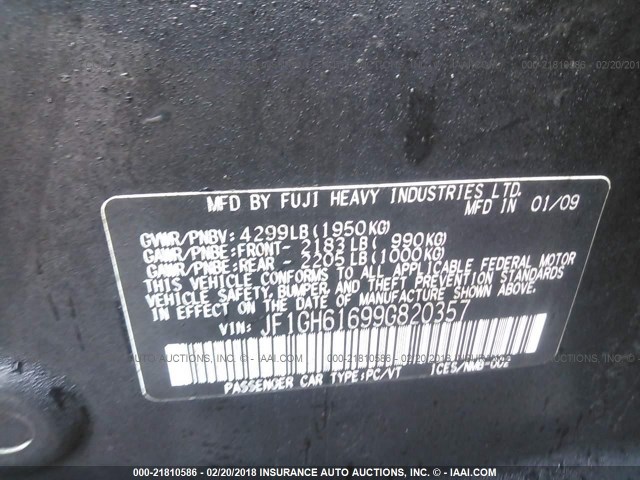 JF1GH61699G820357 - 2009 SUBARU IMPREZA 2.5I BLACK photo 9