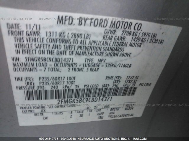 2FMGK5BC9CBD14371 - 2012 FORD FLEX SE SILVER photo 9