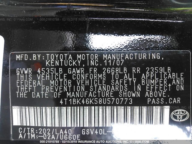 4T1BK46K58U570773 - 2008 TOYOTA CAMRY LE/XLE/SE BLACK photo 9