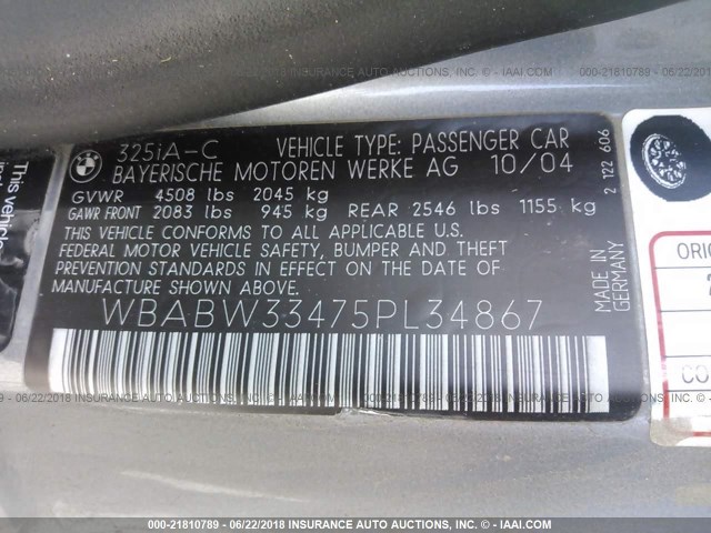 WBABW33475PL34867 - 2005 BMW 325 CI GRAY photo 9