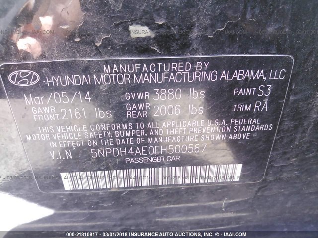 5NPDH4AE0EH500567 - 2014 HYUNDAI ELANTRA SE/SPORT/LIMITED BLACK photo 9