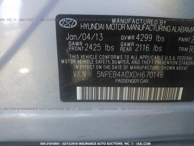 5NPEB4ACXDH670146 - 2013 HYUNDAI SONATA GLS SILVER photo 9