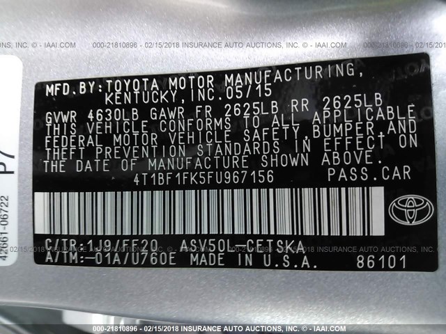 4T1BF1FK5FU967156 - 2015 TOYOTA CAMRY LE/XLE/SE/XSE ვერცხლისფერი ფოტო 9