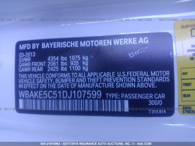 WBAKE5C51DJ107599 - 2013 BMW 328 I SULEV WHITE photo 9