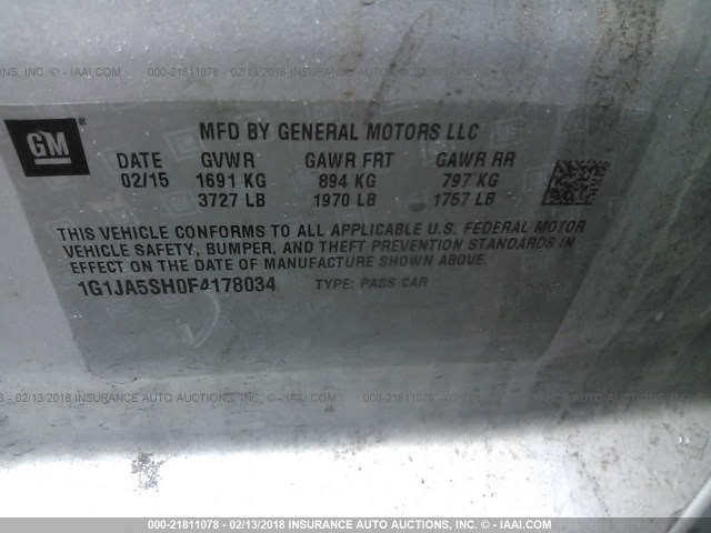 1G1JA5SH0F4178034 - 2015 CHEVROLET SONIC LS ვერცხლისფერი ფოტო 9