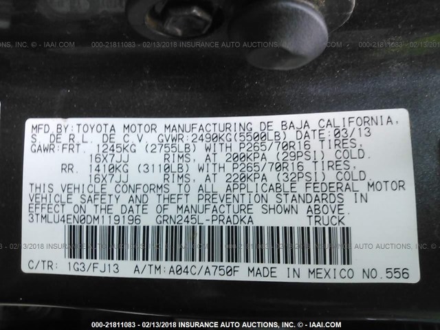 3TMLU4EN0DM119196 - 2013 TOYOTA TACOMA DOUBLE CAB ნაცრისფერი ფოტო 9