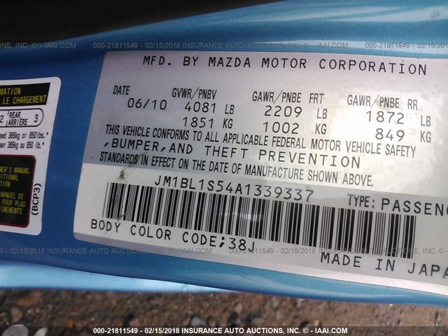 JM1BL1S54A1339337 - 2010 MAZDA 3 S TURQUOISE photo 9
