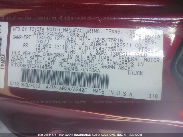 5TFUX4EN7CX014854 - 2012 TOYOTA TACOMA ACCESS CAB Қызыл фото 9