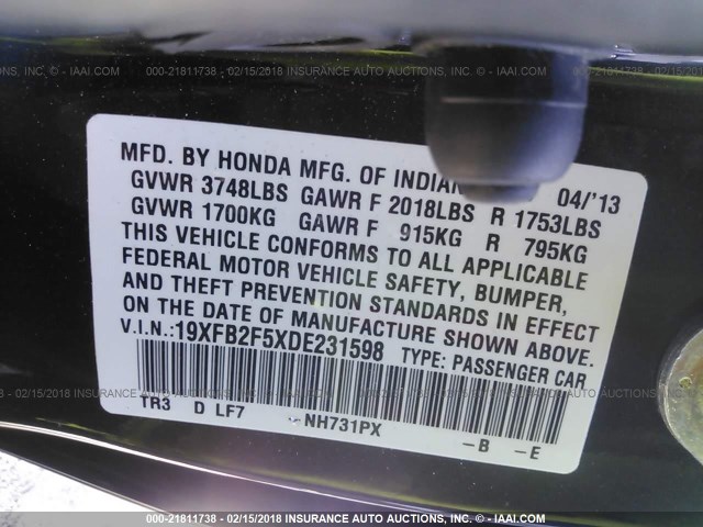 19XFB2F5XDE231598 - 2013 HONDA CIVIC LX 黑色 照片 9