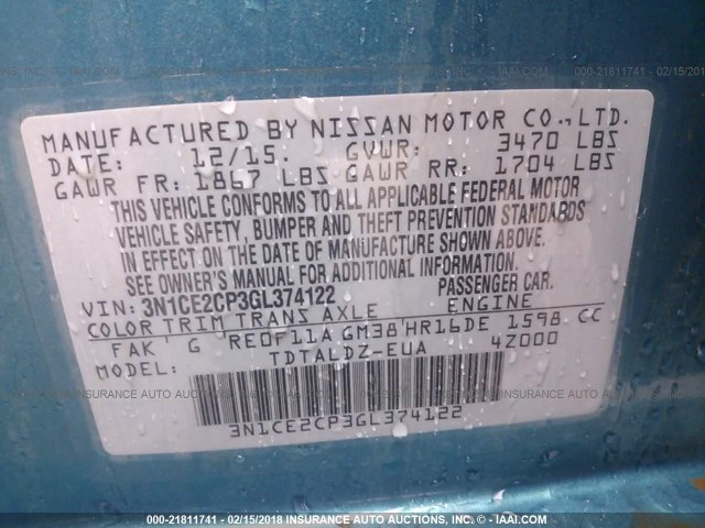 3N1CE2CP3GL374122 - 2016 NISSAN VERSA NOTE S/S PLUS/SV/SL/SR BLUE photo 9