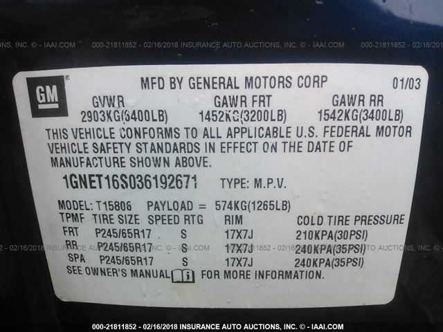 1GNET16S036192671 - 2003 CHEVROLET TRAILBLAZER EXT BLUE photo 9