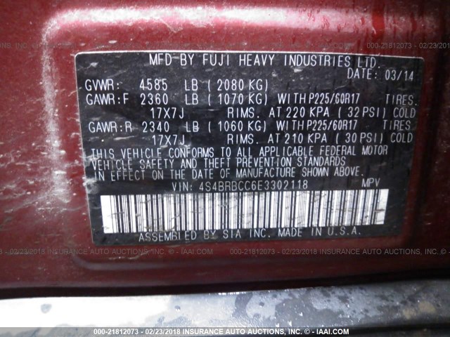 4S4BRBCC6E3302118 - 2014 SUBARU OUTBACK 2.5I PREMIUM RED photo 9