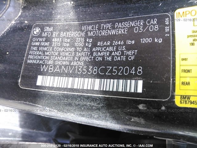 WBANV13538CZ52048 - 2008 BMW 528 XI BLACK photo 9