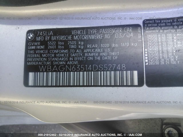 WBAGN63514DS52748 - 2004 BMW 745 LI SILVER photo 9