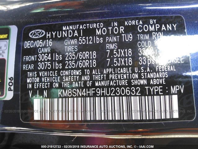 KM8SN4HF9HU230632 - 2017 HYUNDAI SANTA FE SE/LIMITED BLUE photo 9