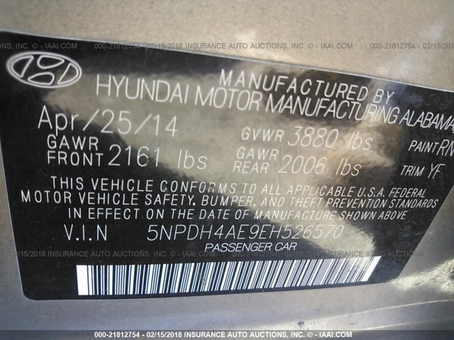 5NPDH4AE9EH526570 - 2014 HYUNDAI ELANTRA SE/SPORT/LIMITED GRAY photo 9