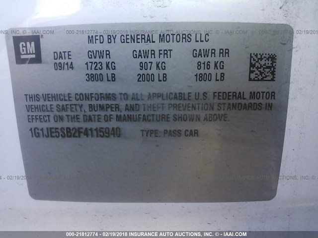 1G1JE5SB2F4115940 - 2015 CHEVROLET SONIC LTZ WHITE photo 9