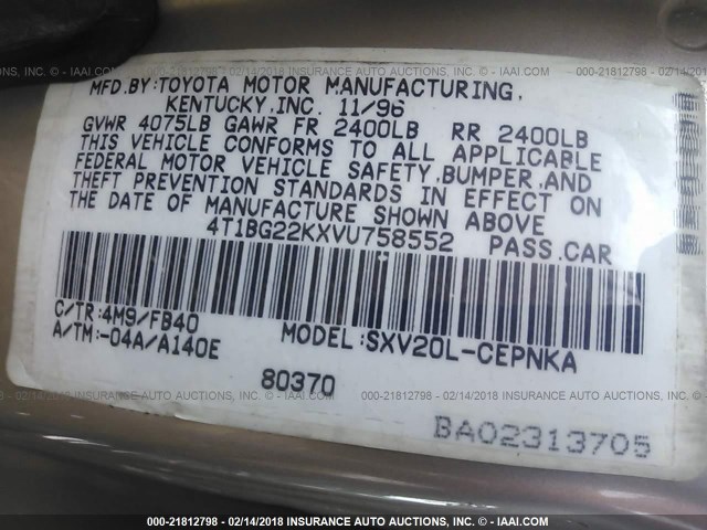 4T1BG22KXVU758552 - 1997 TOYOTA CAMRY CE/LE/XLE 金色 照片 9