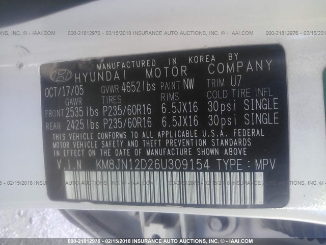 KM8JN12D26U309154 - 2006 HYUNDAI TUCSON GLS/LIMITED 白色 照片 9