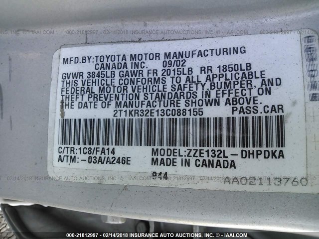2T1KR32E13C088155 - 2003 TOYOTA COROLLA MATRIX XR SILVER photo 9