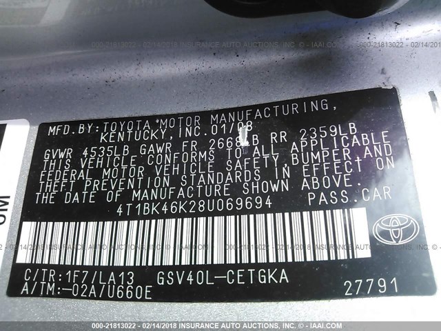 4T1BK46K28U069694 - 2008 TOYOTA CAMRY LE/XLE/SE SILVER photo 9