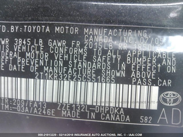 2T1KR32E25C551665 - 2005 TOYOTA COROLLA MATRIX XR BLACK photo 9