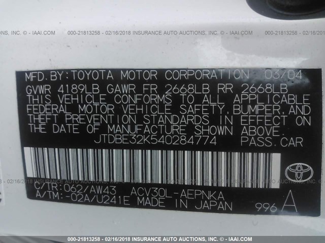 JTDBE32K540284774 - 2004 TOYOTA CAMRY LE/XLE თეთრი ფოტო 9