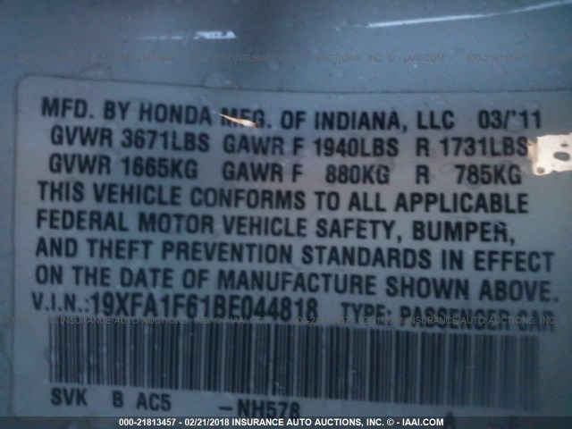 19XFA1F61BE044818 - 2011 HONDA CIVIC LX-S Ağ foto 9