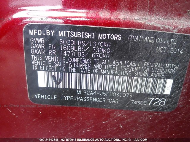 ML32A4HJ5FH031073 - 2015 MITSUBISHI MIRAGE ES RED photo 9