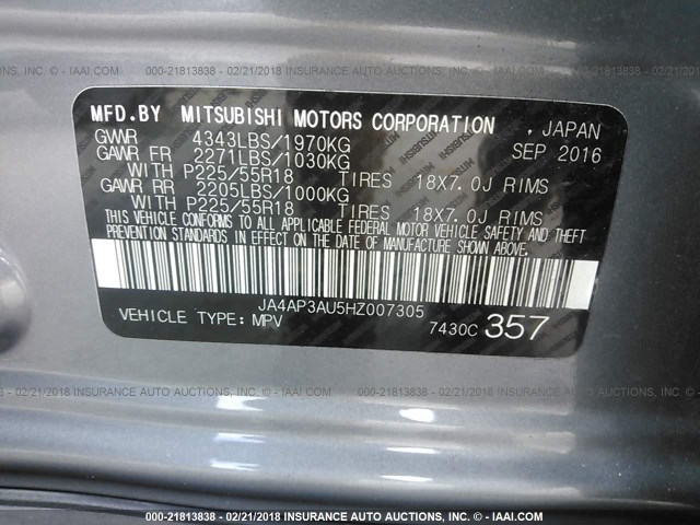 JA4AP3AU5HZ007305 - 2017 MITSUBISHI OUTLANDER SPORT ES/SE GRAY photo 9