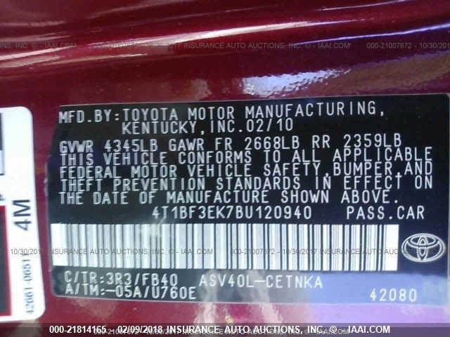 4T1BF3EK7BU120940 - 2011 TOYOTA CAMRY SE/LE/XLE 红色 照片 9