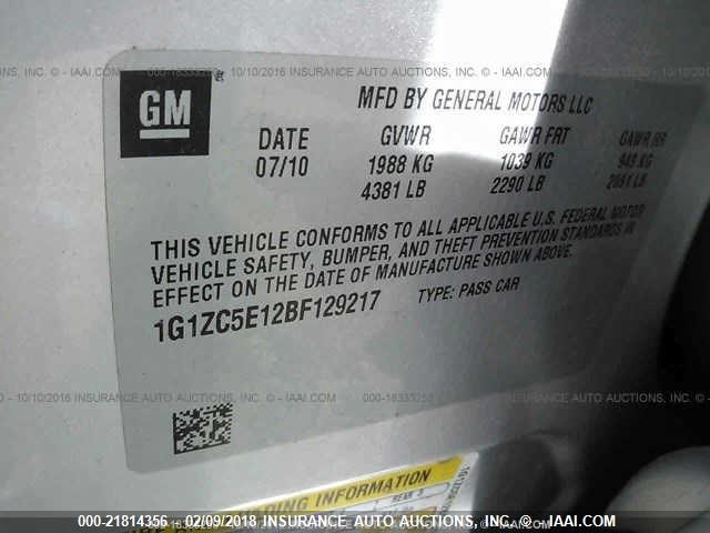 1G1ZC5E12BF129217 - 2011 CHEVROLET MALIBU 1LT 银色 照片 9