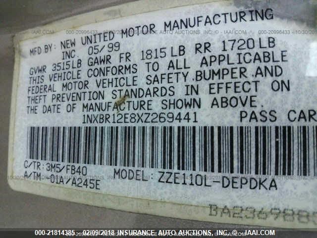 1NXBR12E8XZ269441 - 1999 TOYOTA COROLLA VE/CE/LE 棕色 照片 9