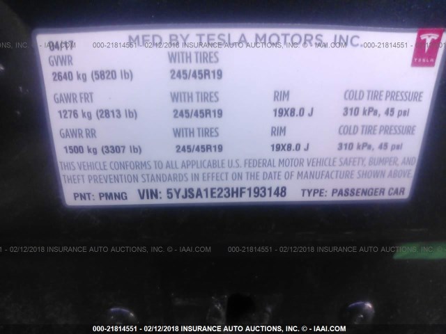 5YJSA1E23HF193148 - 2017 TESLA MODEL S GRAY photo 9