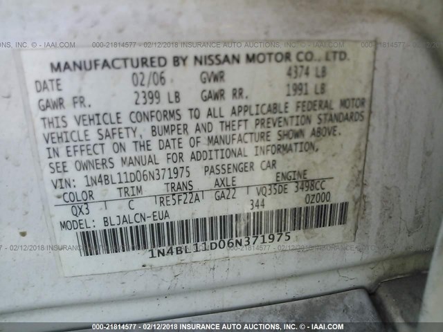 1N4BL11D06N371975 - 2006 NISSAN ALTIMA SE/SL/SE-R WHITE photo 9