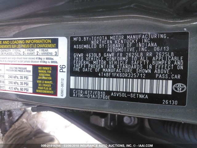 4T4BF1FK6DR325712 - 2013 TOYOTA CAMRY L/SE/LE/XLE 金色 照片 9