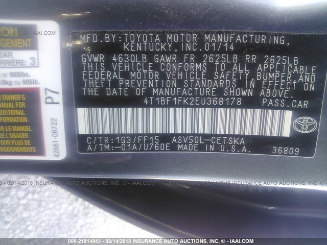 4T1BF1FK2EU368178 - 2014 TOYOTA CAMRY L/SE/LE/XLE 灰色 照片 9