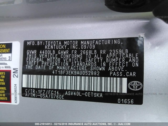 4T1BF3EK9AU052882 - 2010 TOYOTA CAMRY SE/LE/XLE 银色 照片 9