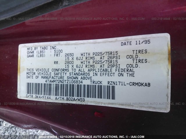 4TAWM72N2TZ106834 - 1996 TOYOTA TACOMA XTRACAB RED photo 9