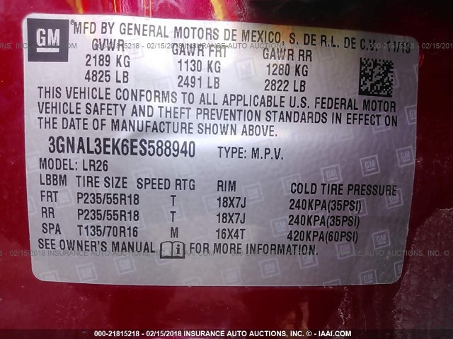 3GNAL3EK6ES588940 - 2014 CHEVROLET CAPTIVA LT RED photo 9