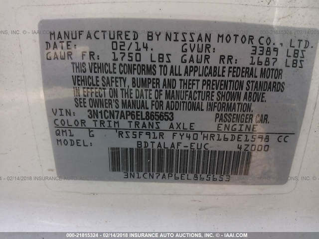 3N1CN7AP6EL865653 - 2014 NISSAN VERSA S/S PLUS/SV/SL WHITE photo 9