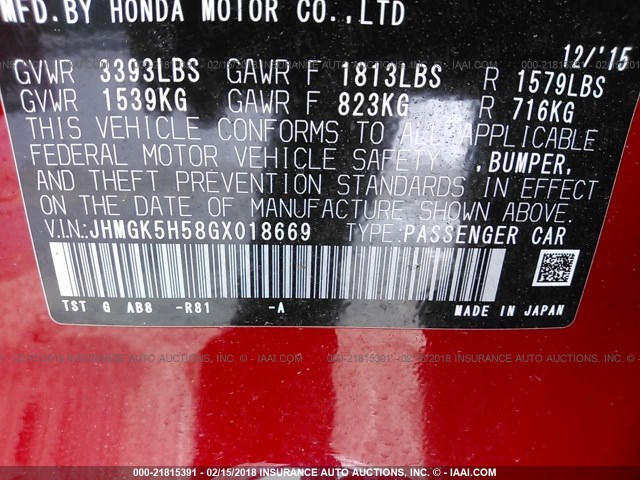 JHMGK5H58GX018669 - 2016 HONDA FIT LX RED photo 9