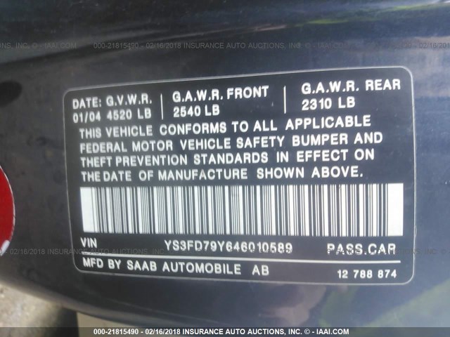 YS3FD79Y646010589 - 2004 SAAB 9-3 ARC BLUE photo 9