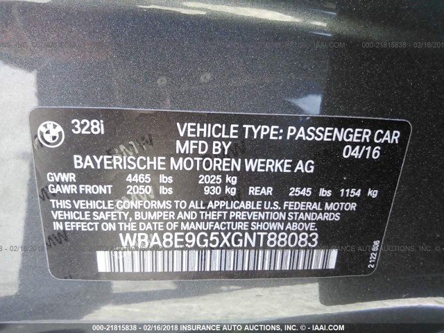 WBA8E9G5XGNT88083 - 2016 BMW 328 I SULEV ნაცრისფერი ფოტო 9