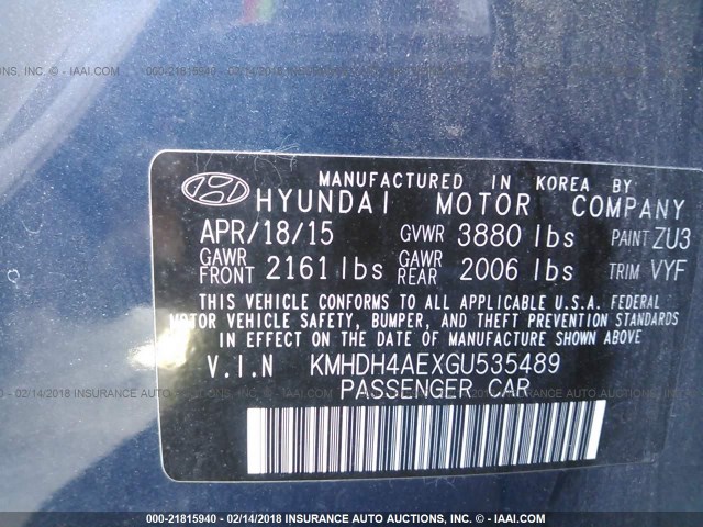 KMHDH4AEXGU535489 - 2016 HYUNDAI ELANTRA SE/SPORT/LIMITED BLUE photo 9