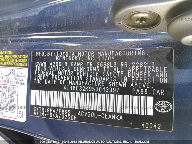 4T1BE32K95U013397 - 2005 TOYOTA CAMRY LE/XLE/SE Dark Blue photo 9