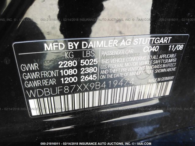 WDBUF87XX9B419474 - 2009 MERCEDES-BENZ E 350 4MATIC BLACK photo 9